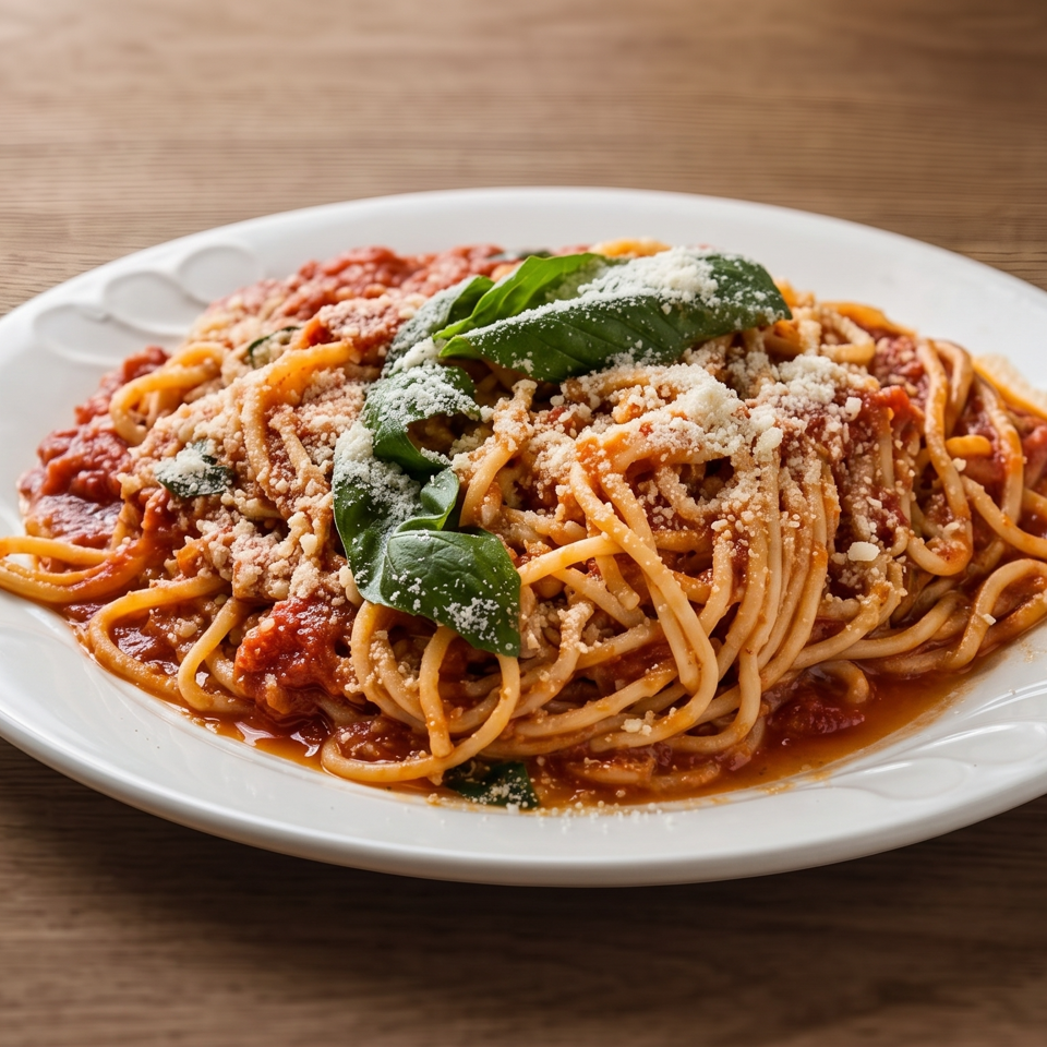 Spaghetti with tomato sauce, grated cheese, and fresh basil served on a white plate atop a wooden table.