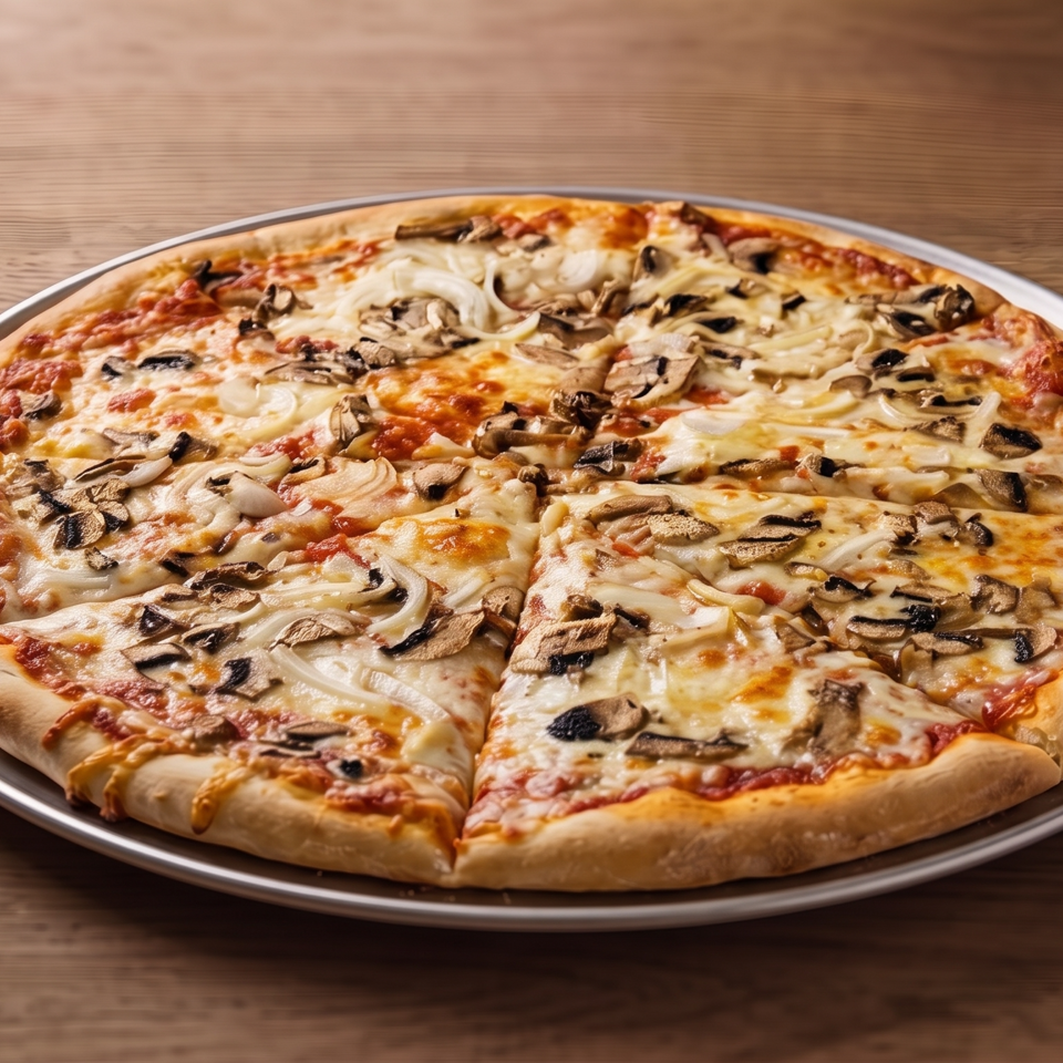Cheesy mushroom and onion pizza sliced on a metal tray atop a wooden table.