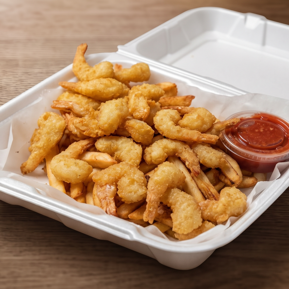 Takeout container filled with golden fried shrimp and French fries, served with a side of red dipping sauce.