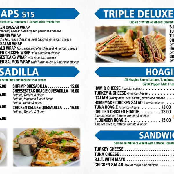 Restaurant menu featuring wraps, triple deluxe club sandwiches, quesadillas, hoagies, sandwiches, prices, and accompanying food photographs.