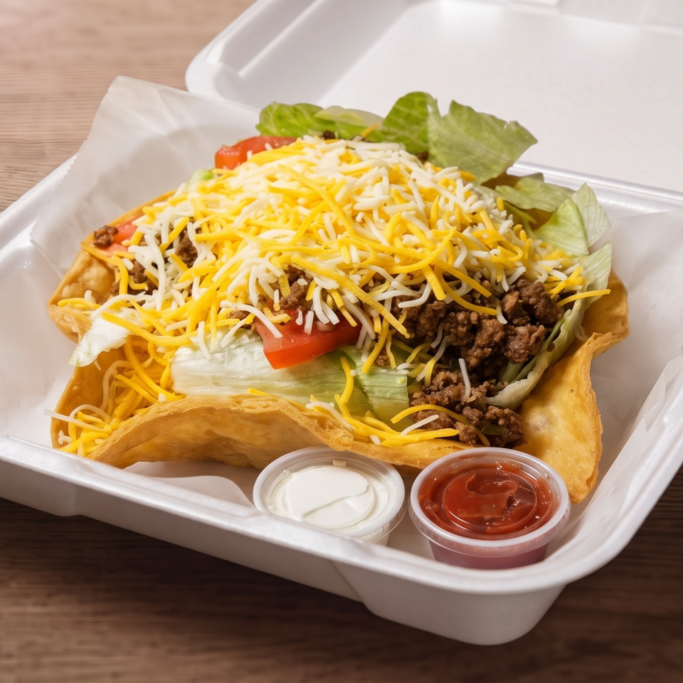 Two crispy beef tacos topped with lettuce, tomatoes, and shredded cheese in a takeout container with sour cream and salsa.
