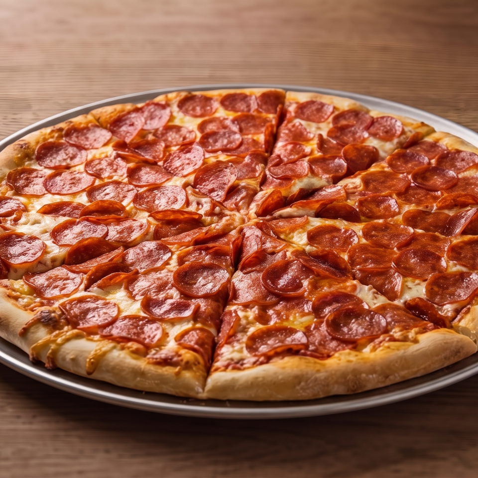 Large pepperoni pizza with melted cheese served on a metal tray atop a wooden table.