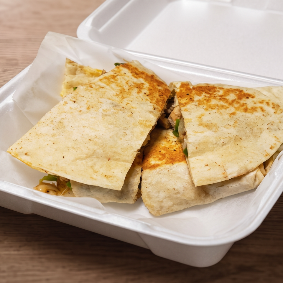 Grilled quesadillas with visible vegetables and melted cheese in an open white takeout container on a wooden table.