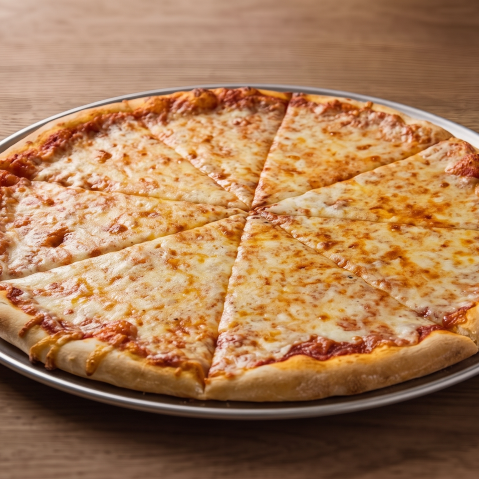 Cheese pizza sliced into wedges on a metal tray atop a wooden table.