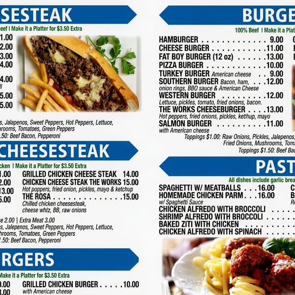Restaurant menu featuring cheesesteaks, burgers, chicken cheesesteaks, and pasta dishes with photos of a cheesesteak, burger, and meatballs.