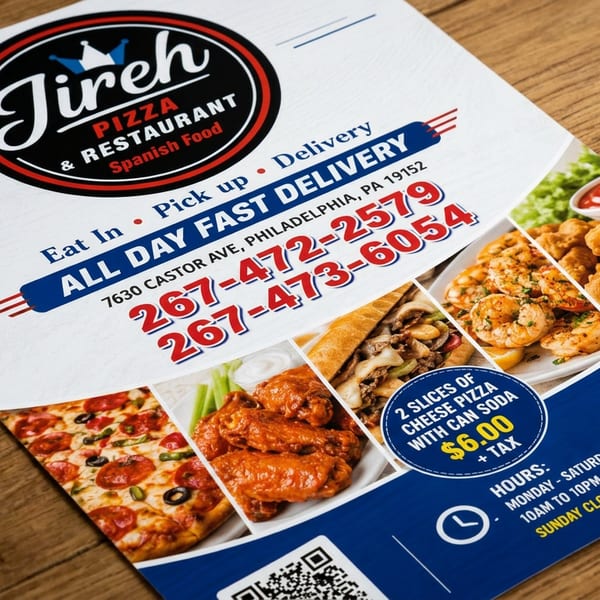 Jireh Pizza restaurant flyer on a wooden table featuring pizza, wings, shrimp, fried chicken, delivery details, and a special offer.