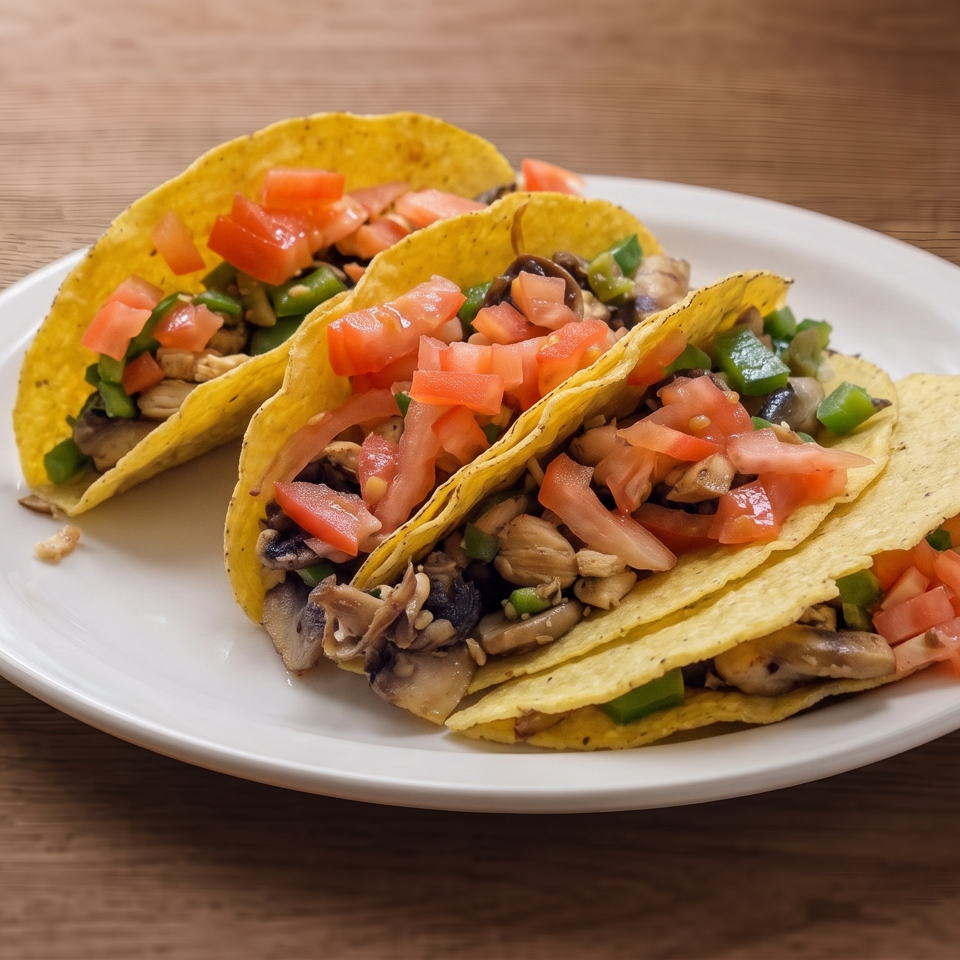 Plate of crunchy tacos filled with mushrooms, peppers, and diced tomatoes on a wooden table.