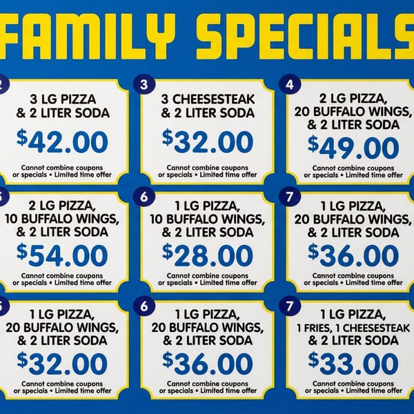 Blue and yellow Family Specials menu graphic displaying fifteen pizza, wings, cheesesteak, soda, fries, and stromboli meal deals.