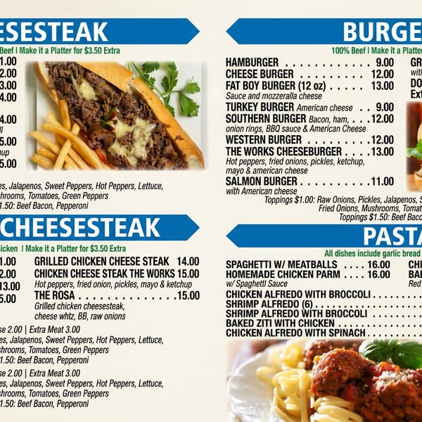Restaurant menu featuring cheesesteaks, burgers, chicken cheesesteaks, pasta dishes, and photographs of a cheesesteak, burger, and spaghetti with meatballs.